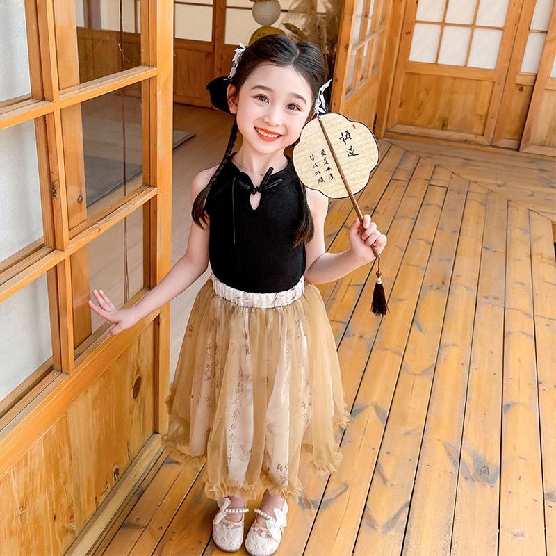 热销女童夏款裙子中小童新中式背心纱裙两件套时髦女宝宝复古夏装