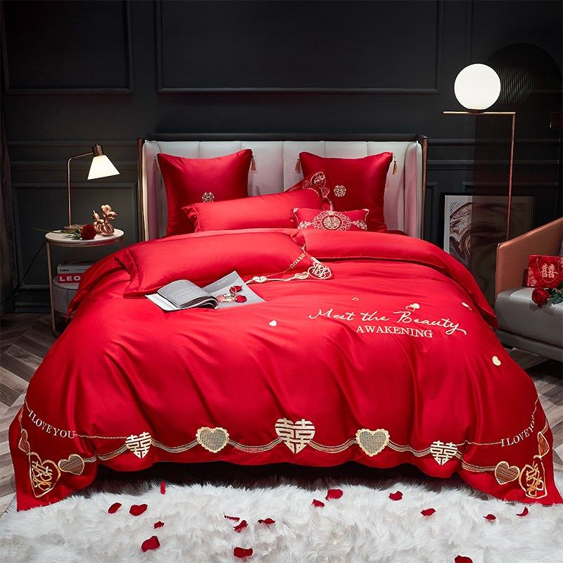 100支婚庆四件套大红色刺绣全棉长绒棉新结婚房礼床上用品六件套4,床上用品,婚庆床品套件,淘宝优惠券,粉丝福利购,淘宝优惠卷