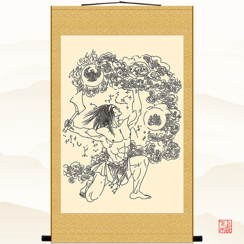盘古开天辟地画像 人物画中式复古书房客厅装饰画卷轴挂画 丝绸画