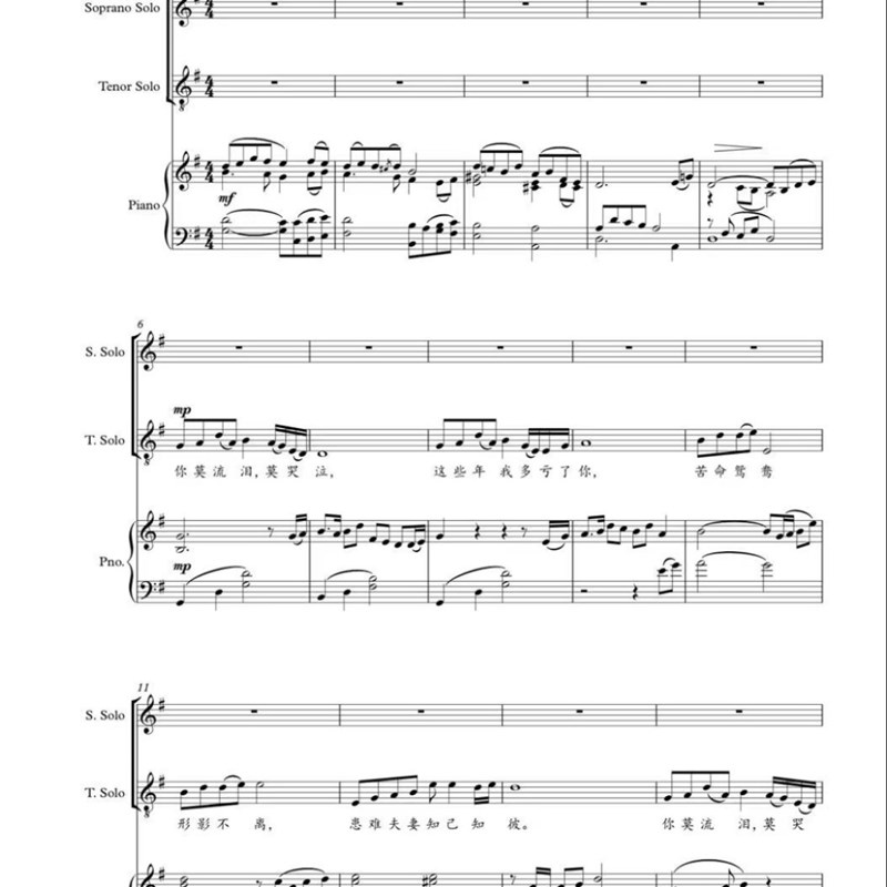 歌剧《二胡》选段 你莫流泪莫哭泣 G调P 钢伴正谱 五线谱