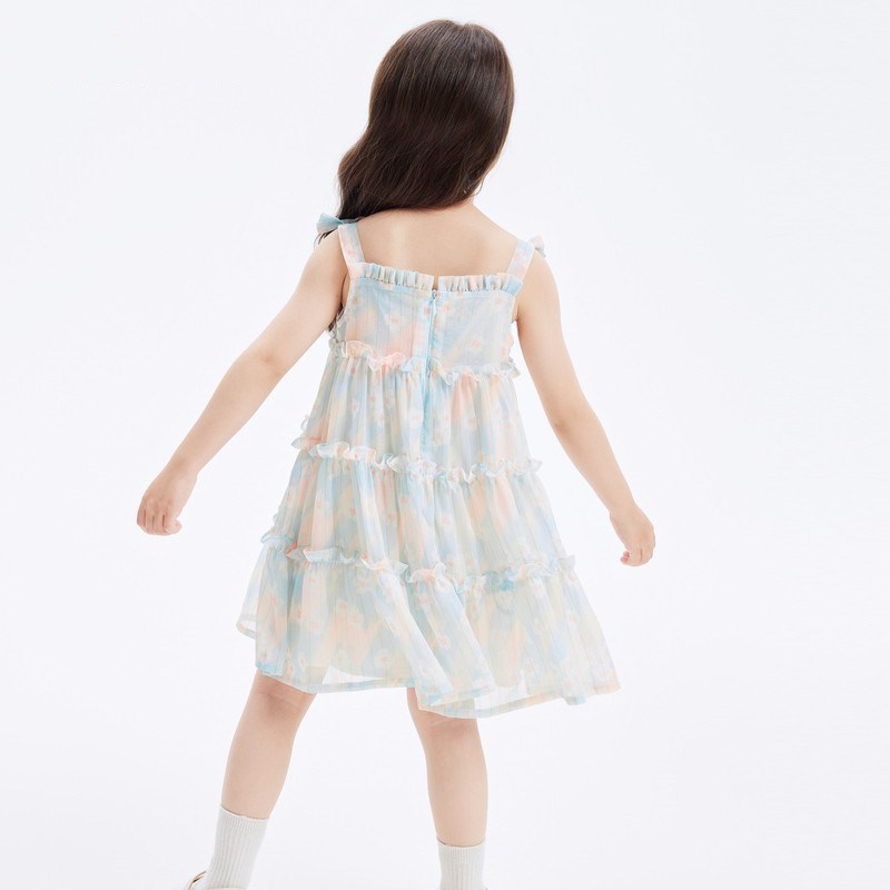 现货女童连衣裙2024新款v夏季儿童裙子雪纺裙吊带蛋糕裙宝宝童装