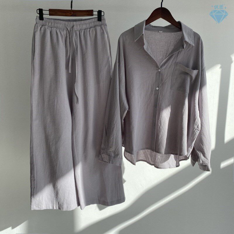 . 여성 패션 코튼 린넨 셔츠 정장 하이와이