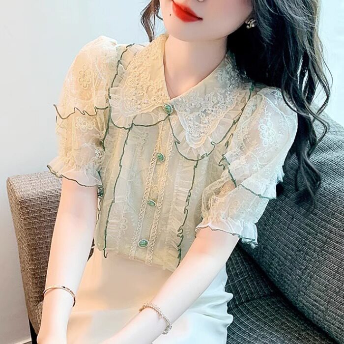 雪纺衬衫女夏季2024新款法式宽松设计感小众泡泡袖蕾丝钩花上衣潮