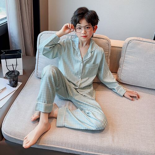 男童冰丝睡衣春秋夏季薄款儿童长袖空调服套装洋气大童男孩家居服 - 封面