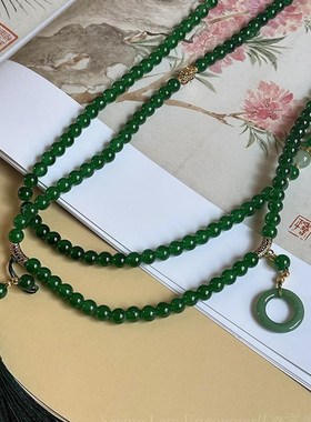 新中式长款绿色串珠项链女国风斜挎链复古气质一款多X戴毛衣链配