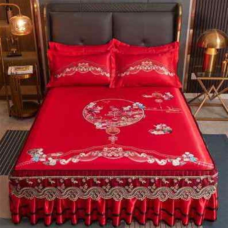 新款新品夏季结婚席子床裙款冰丝凉席三件套婚庆陪嫁可折叠式机洗,床上用品,冰丝席,淘宝优惠券,粉丝福利购,淘宝优惠卷