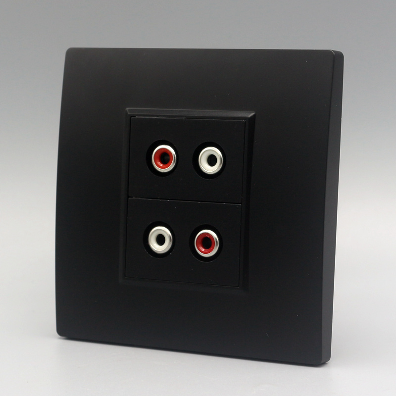 黑色音频面板86型双孔莲花头x红白双音频插座2个免焊接AV墙壁插座