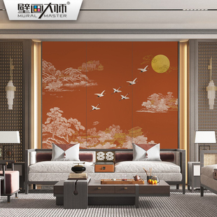 新中式 禅意山水壁布电视背景墙纸仙鹤墙布客厅沙发茶餐厅包房现货