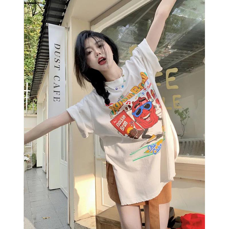 潮牌时尚卡通印花短袖T恤女夏季2023新款韩版宽松中长款休闲上衣