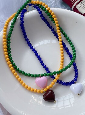 泫雅彩色串珠爱心项链2r022年新款糖果色心形吊坠颈链女珍珠锁骨