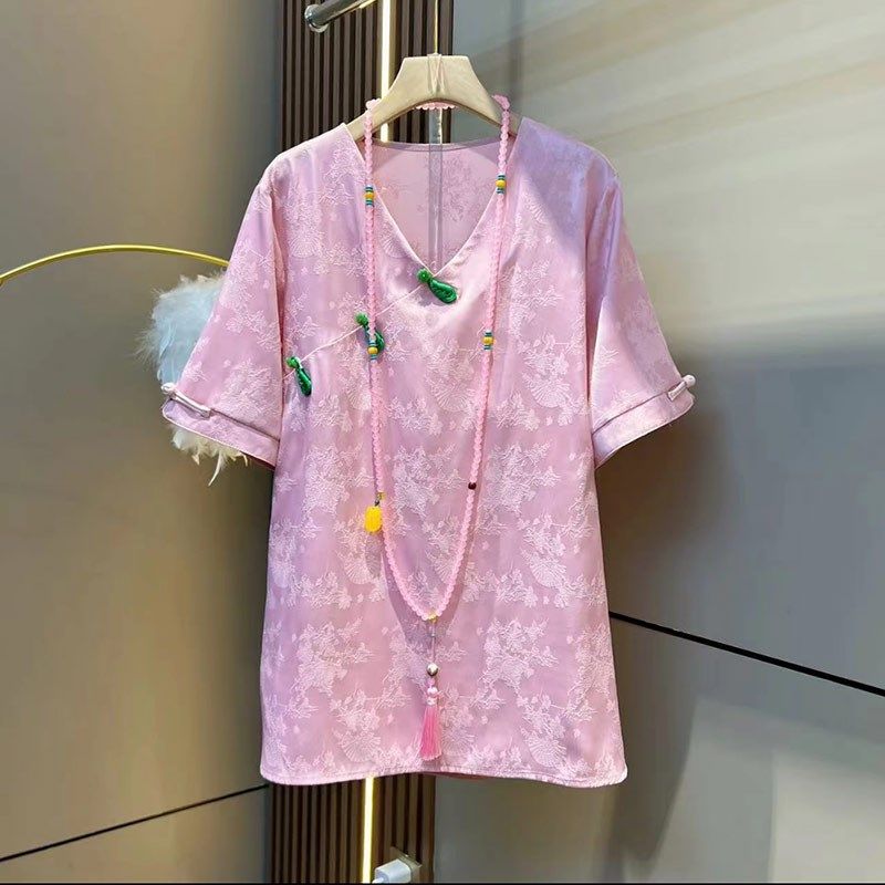 加肥大码女装V领斜盘扣暗花国风小衫胖妹妹气质法式洋气百搭上衣,女装/女士精品,大码内搭,淘宝优惠券,粉丝福利购,淘宝优惠卷