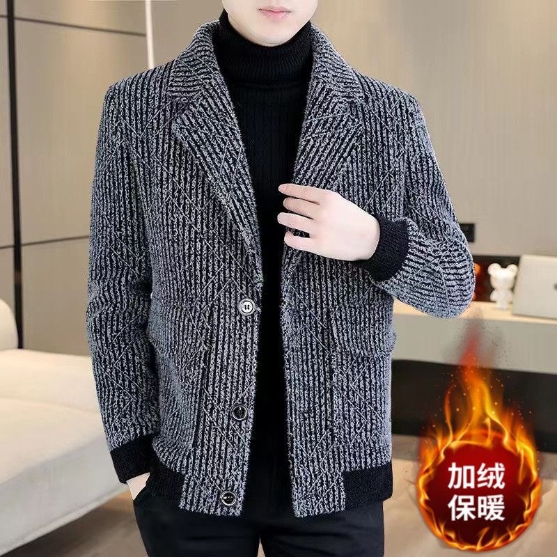 新款高档男士外套秋冬季修身呢子西装夹克加绒加厚高级毛呢大衣潮
