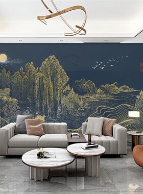 8D立体鎏金山水壁画书房办公室壁纸18D新中式客厅沙发背景墙现货