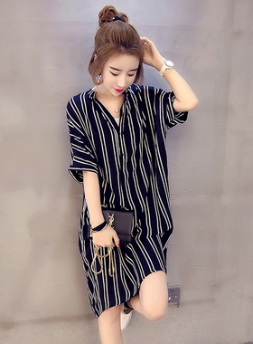 孕妇裙子夏季网红新款洋气减龄黑色显瘦中长款条纹衬衫连衣裙夏装