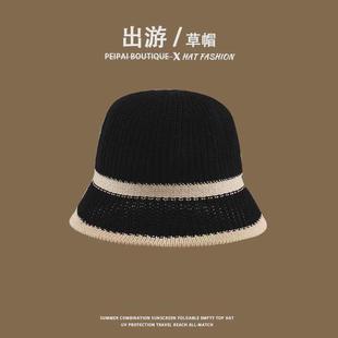 新款草帽织女编遮阳沙滩帽夏季镂空透气水桶帽甜美海边遮阳帽子男