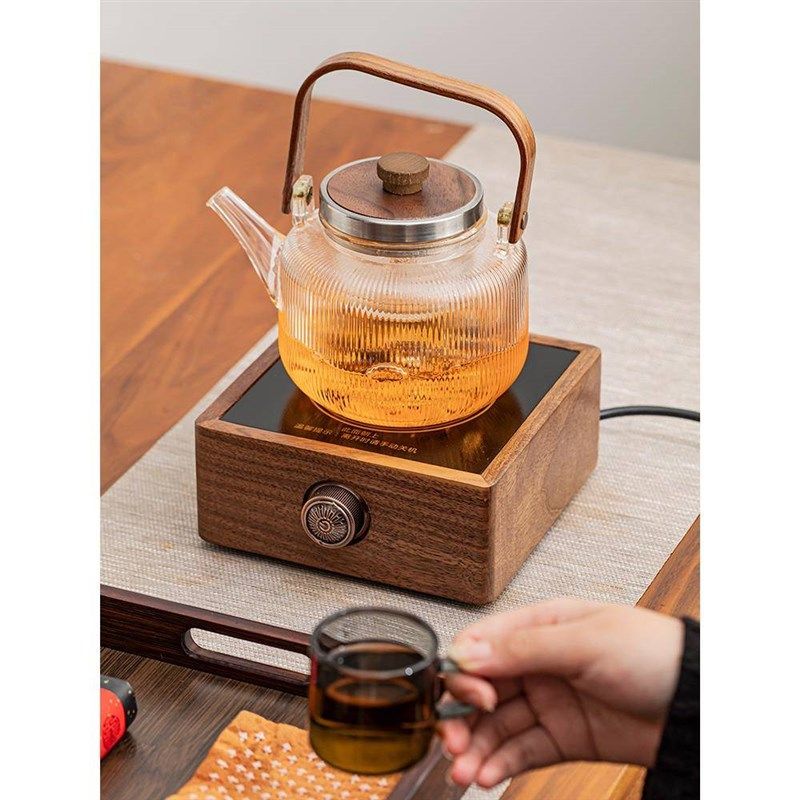 胡桃木电陶炉煮茶套装家用耐高温玻璃煮茶壶办公静音茶炉提梁侧把