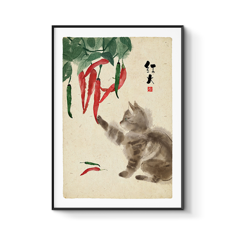 萌猫物语新中式客餐厅q装饰画招财猫玄关墙日式清新挂画儿童房壁图片