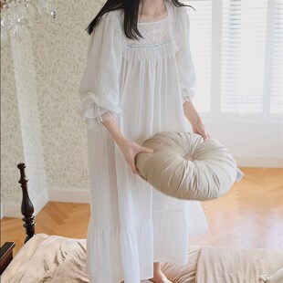 法式 睡衣家居服女 蕾丝公主风纯棉长款 睡裙春夏宫廷风甜美白色长袖