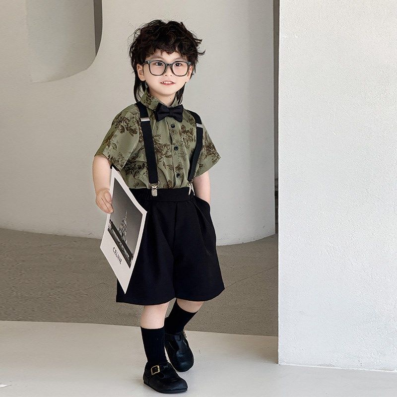 儿童背带裤礼服夏季男童学院西装套装毕业服六一主持人生日演出服