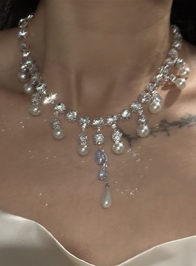 圆形水滴锆石镶钻珍珠项q链法式轻奢风气质锁骨链礼服时尚项饰