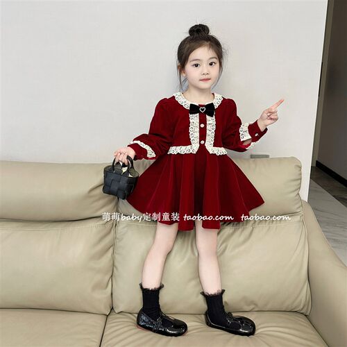 秋冬女童加绒丝绒连衣裙2024新款小女孩气质花边礼服裙圣诞新年裙