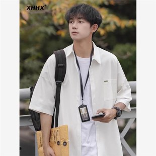 宽松大码 男夏季 五分袖 工装 冰丝衬衣外套 白色短袖 潮牌百搭半袖 衬衫