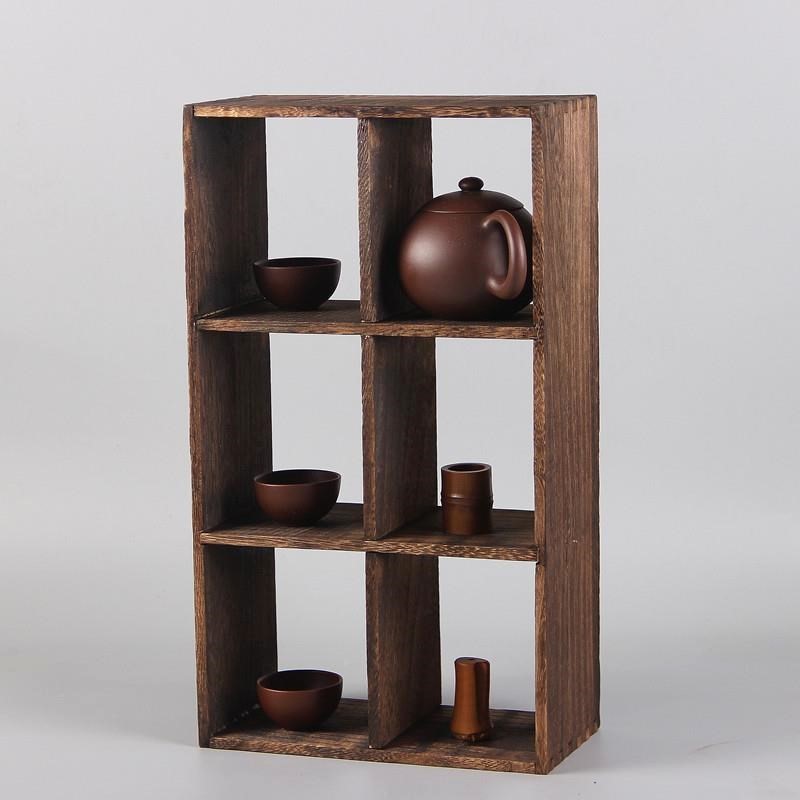 烧桐木茶杯架茶具收纳柜茶壶架做旧多宝格实O木小博古架子存壁挂