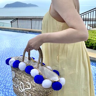 海风和夏 蓝白球球字母海草编织包草编手提包度假包海边大号篮子