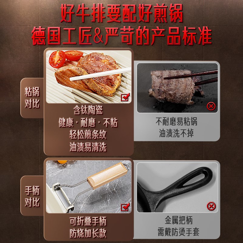 德国三四钢 牛排煎锅无涂层有A钛陶瓷家用不粘锅牛扒煎牛排专用锅