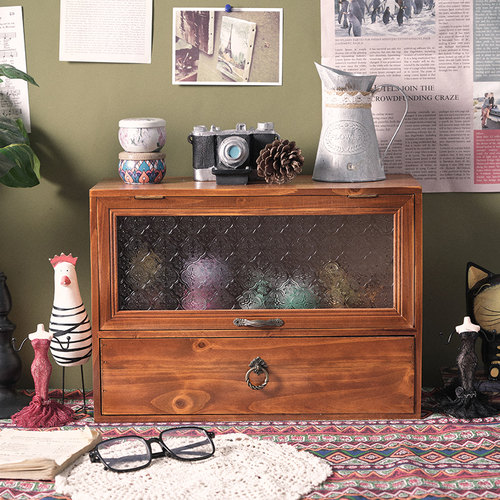 桌面实木化妆品收纳盒办公学习杂物护肤品整理复古木质抽屉柜多层