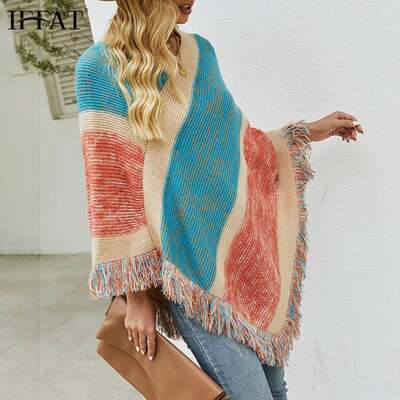 极速Knitting Cloak Poncho Women Pullover Autumn Capes Tassel