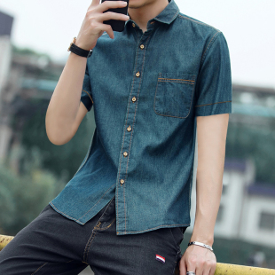 纯棉短袖 衬衫 薄款 夏季 男装 宽松休闲牛仔衬衣时尚 潮流外套大码 男士
