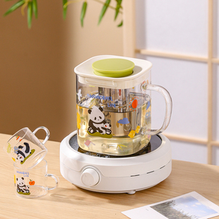 川岛屋原创熊猫玻璃泡茶壶家用耐高温茶水分离电陶炉煮花茶杯套装
