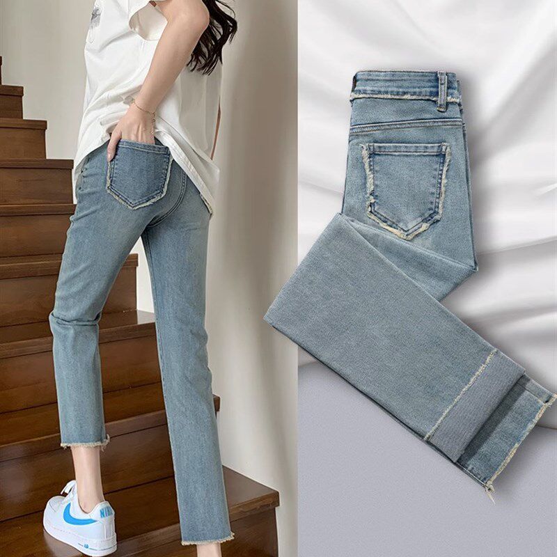 窄版直筒牛仔裤女春夏季2023新款高腰显K瘦小个子毛边九分烟管裤