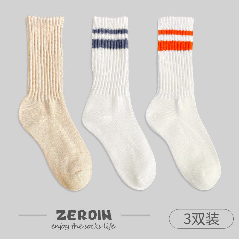 3双毛巾男士袜子秋冬季日系粗线中筒袜运动白色堆堆袜底新款