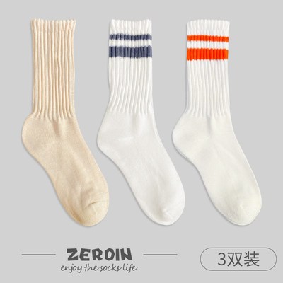 3双毛巾男士袜子秋冬季日系粗线中筒袜运动白色堆堆袜底新款