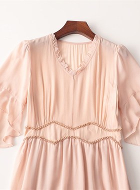 243020 夏连衣裙 女加长款五分袖V领