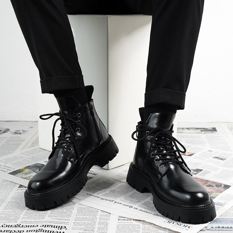 马丁靴男款英伦风中帮皮鞋厚底增高男生皮靴子侧拉链高帮透气男靴