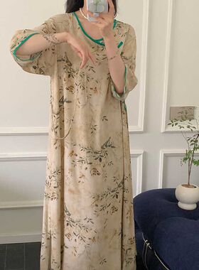 改良旗袍棉绸睡裙女2024夏季新款文艺圆领少女宽松印花人棉裙子薄