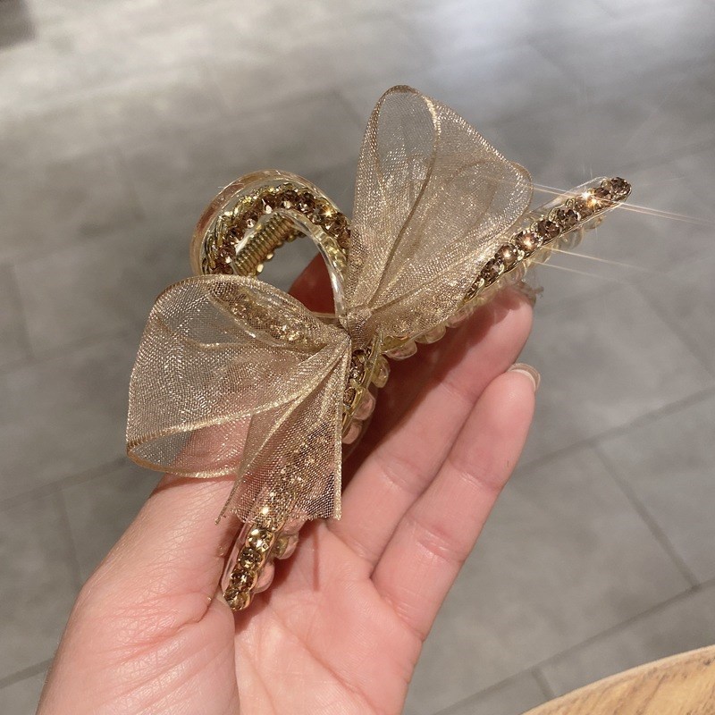 发饰女新款小娟纱蝴蝶结发夹水钻气质盘头发发抓时尚法式抓夹