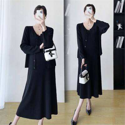 大码孕妇装秋装时尚条纹套t装秋冬装针织连衣裙上衣女高级感200斤