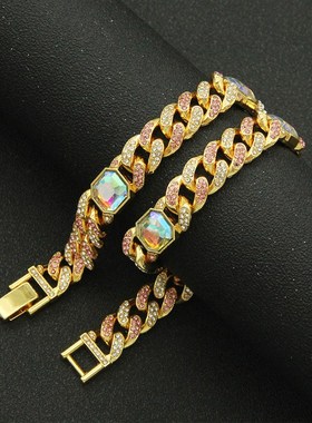 欧美夸张炫彩方钻古巴链r潮人项链 嘻哈街舞穿搭满钻霸气男士饰品