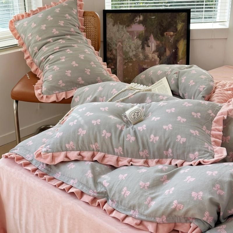 美式田园小碎花咖色双层纱加豆豆绒四件套被套床单1.5m1.8米,床上用品,床品套件/四件套/多件套,淘宝优惠券,粉丝福利购,淘宝优惠卷