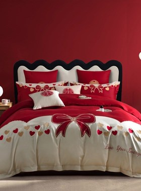 婚庆红色纯棉100支长绒棉四件套刺绣被套全棉1.8m结婚床上用品
