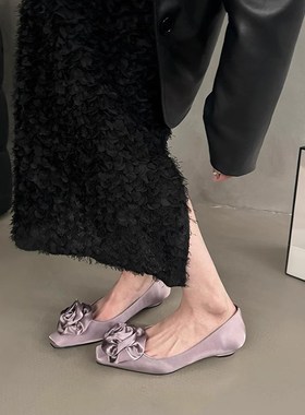 法式平底紫色单鞋子2024春季新款方头配裙子温柔晚晚鞋仙女芭蕾鞋