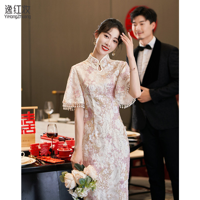 速发中式敬酒服旗袍2023新款高级感回门服新娘夏季订婚礼服轻奢小