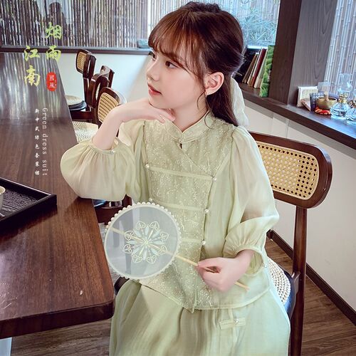 现货女童汉服连衣裙新中式儿童套裙春装2024新Q款洋气小女孩公主