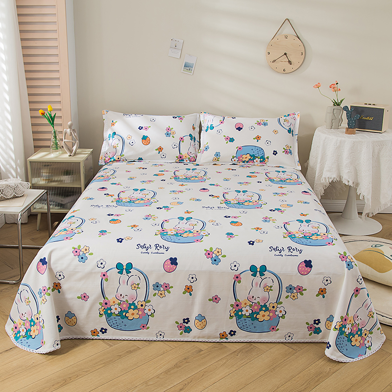 新款全棉c老粗布凉席三件套三枚缎条花圆角花边纺布纯棉床单款细