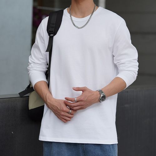 300G男士长袖t恤秋季男生新疆精梳重磅圆领纯白色宽松打底衫