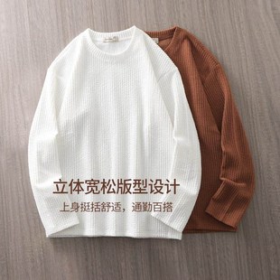 重磅提花肌理t恤男长袖春秋季高级感宽松纯白色内搭圆领打底衫潮